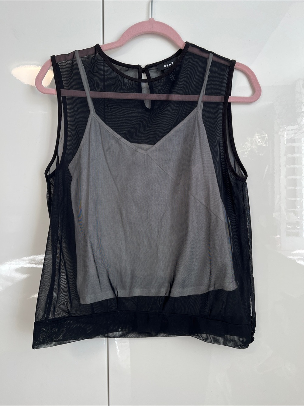 DKNY Black Mesh Overlay Tank with White Inner Camisole, Size S